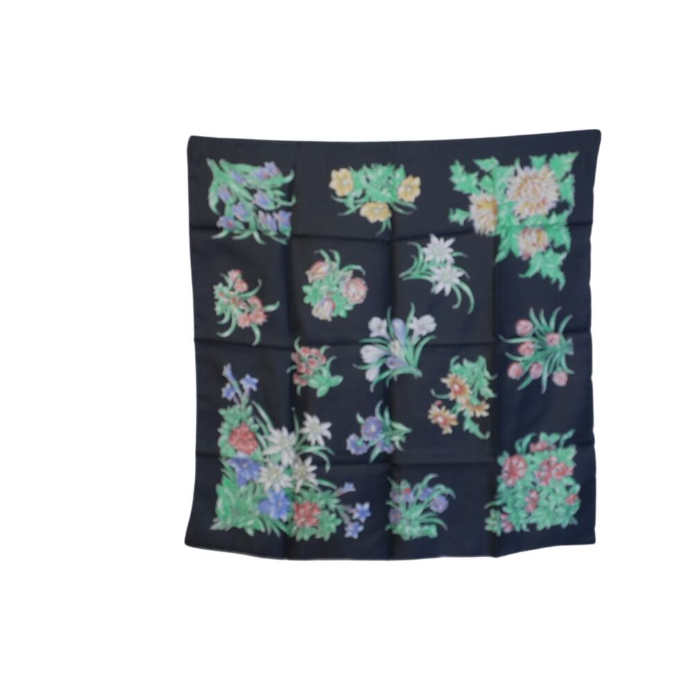 Vintage Swiss Floral Silk Scarf 24x24 Black Botanical Flower Print Square 1980s
